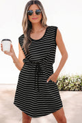 Black Stripe Drawstring Tunic Tank Mini Dress with Pockets