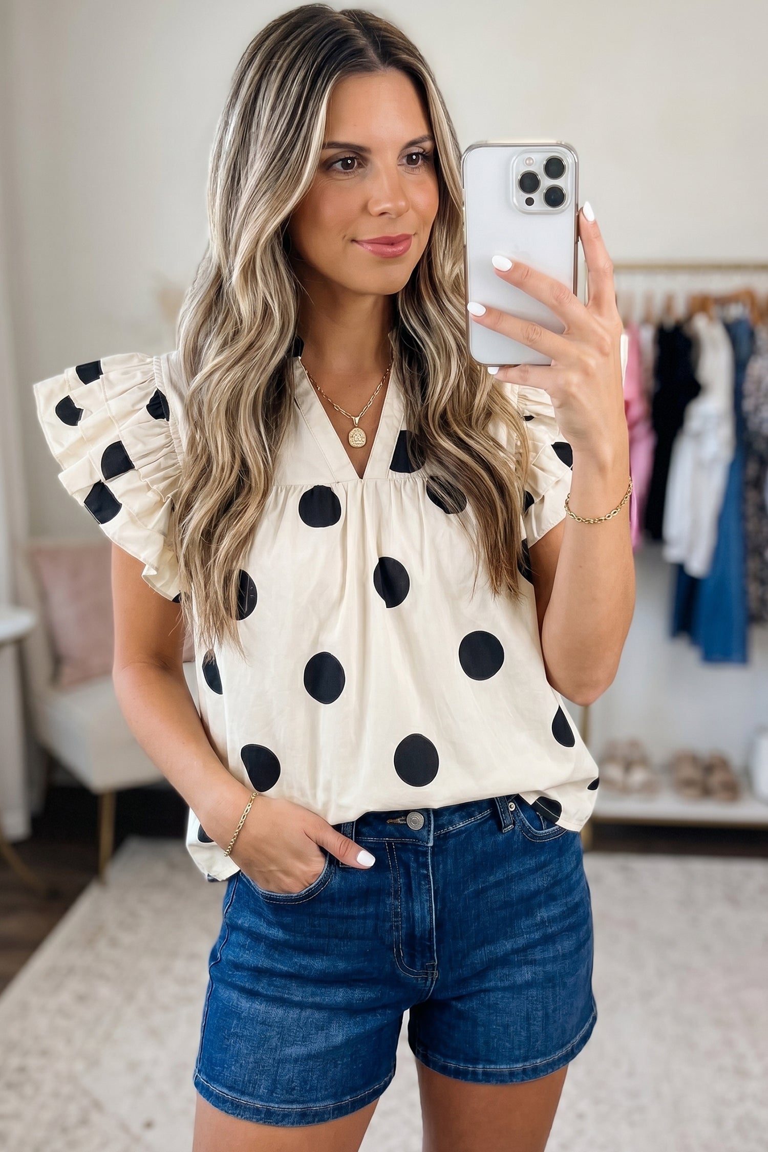 Apricot Casual Polka Dot V-Neck Ruffle Short Sleeve Shift Blouse