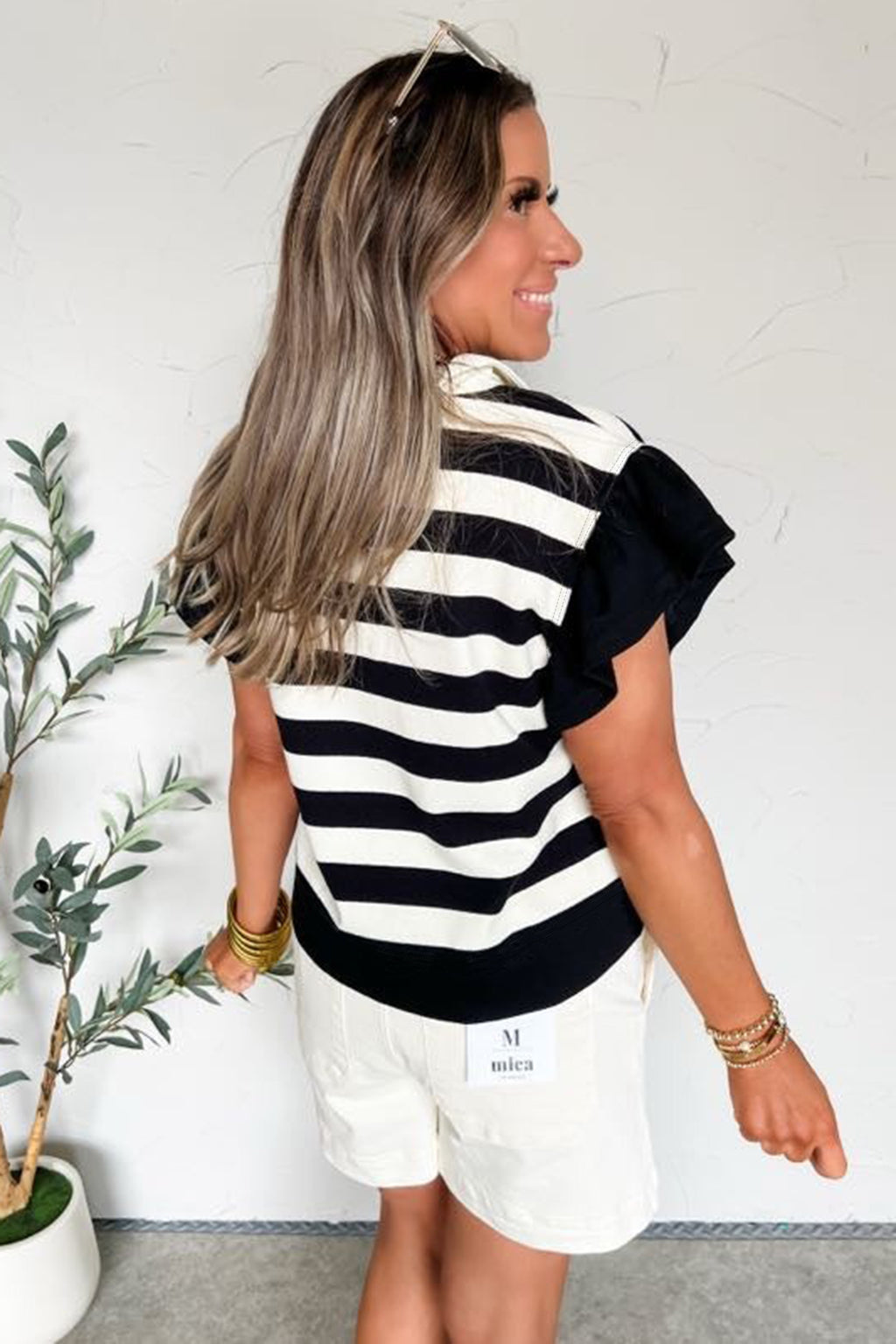 Black Stripe Collar V Neck Ruffled Short Sleeve Blouse