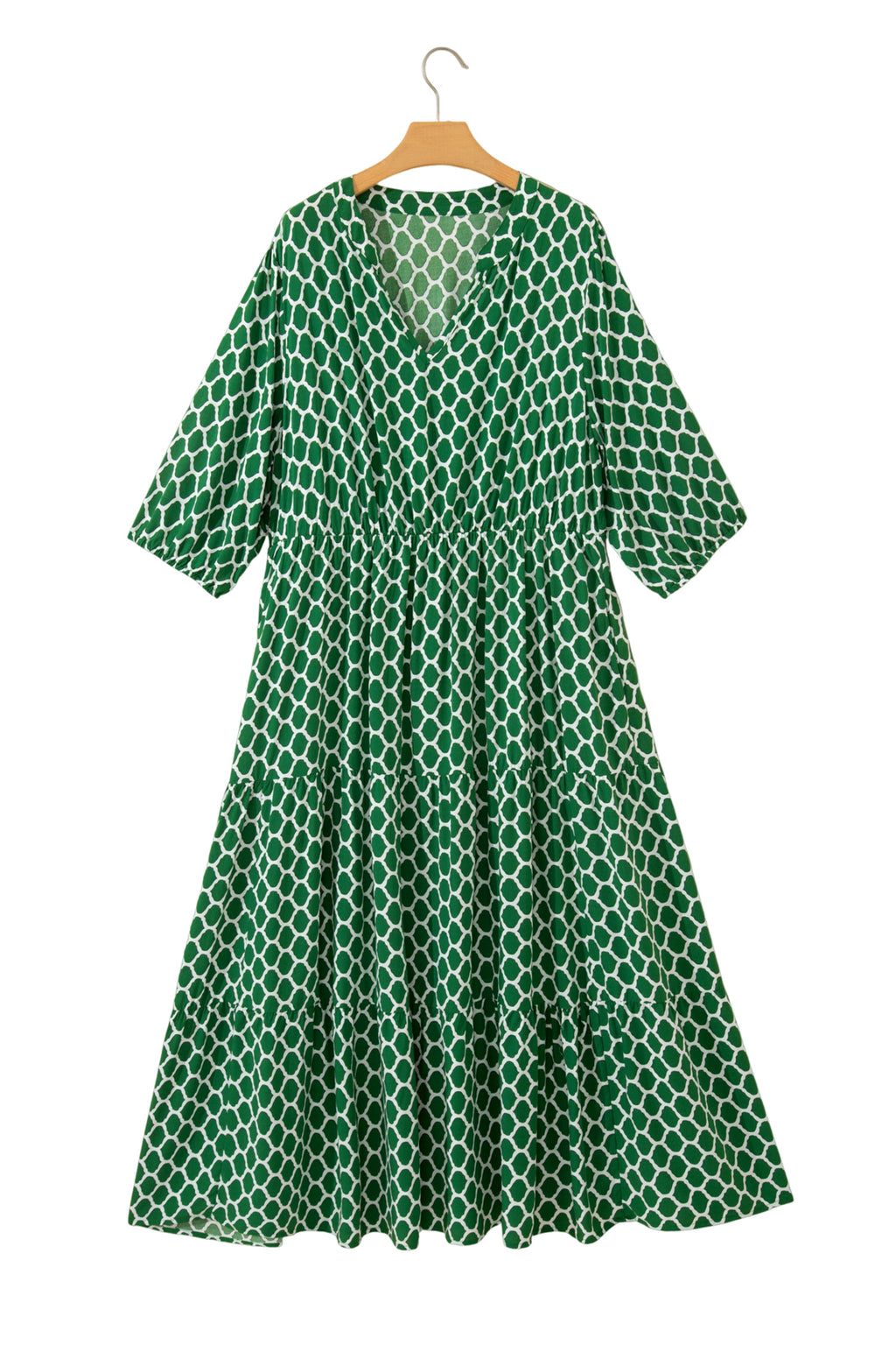 Green Plus Size Geometric Print Pocketed Ruffle Hem Casual Dress
